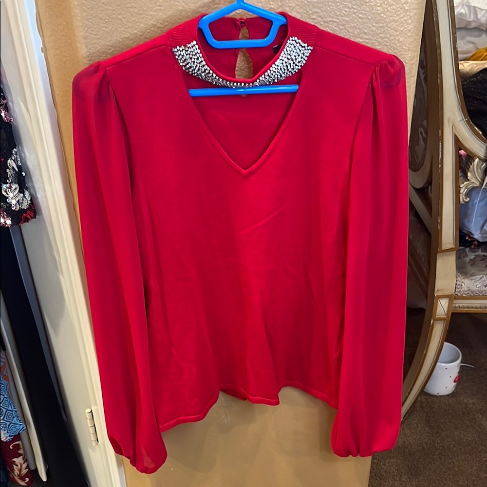 INC International Concepts Red Embellished Sweater Blouse with Sheer Sleeves